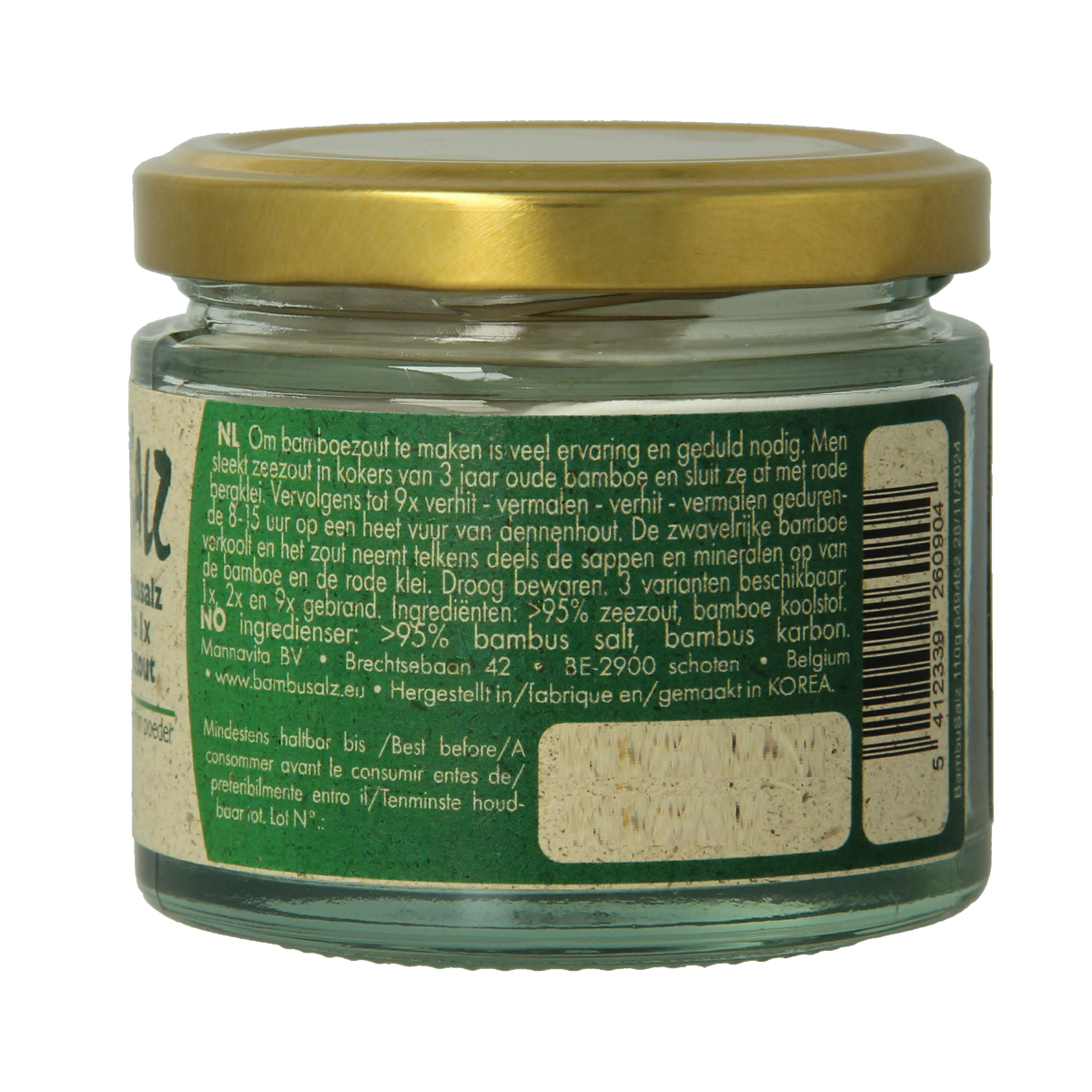 Bambu Salz Bamboezout zeer fijn gebrand kruiden en zoutmix, 110g, in een open container met fijngemalen zout en kruiden