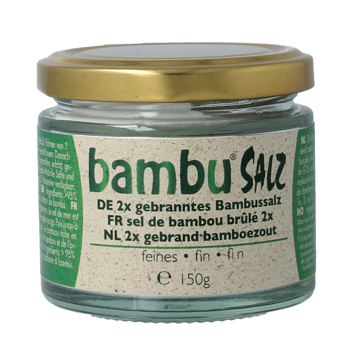 Bambu Salz Bamboezout fijn 150g, fine bamboo salt in a clear container, part of kruiden, zouten en maaltijdmixen collection.