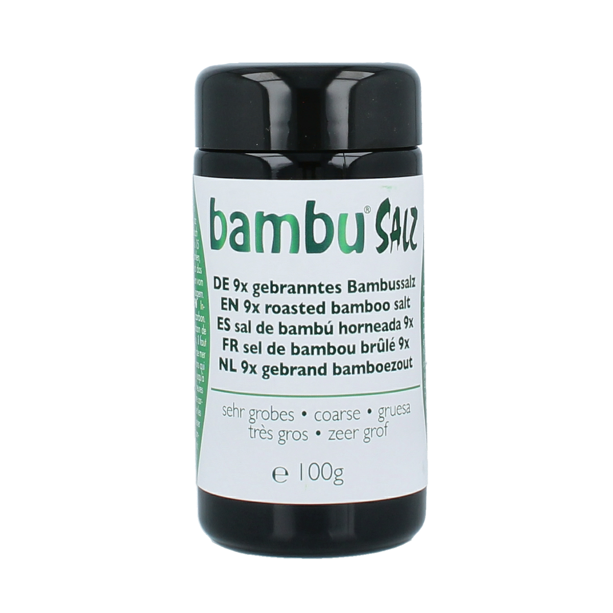 Bambu Salz Bamboezout zeer grof 100g, organic bamboo salt, in a clear container, for seasoning and culinary use