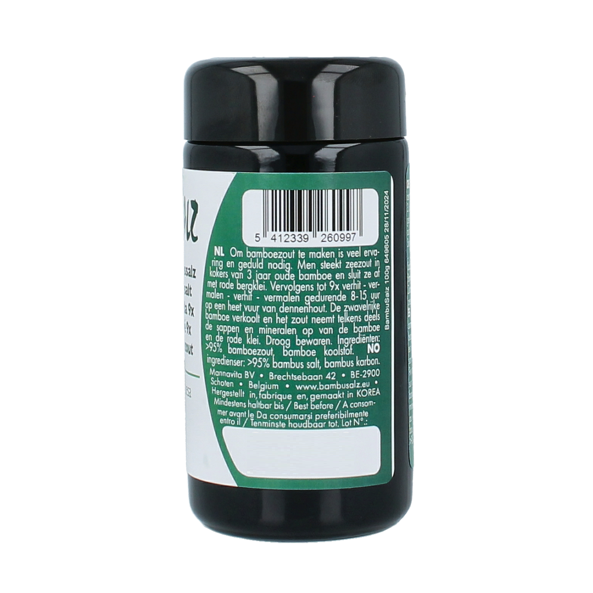 Bambu Salz Bamboezout zeer grof, 100g, branded bamboo salt with a coarse grind for culinary use, shown in packaging.