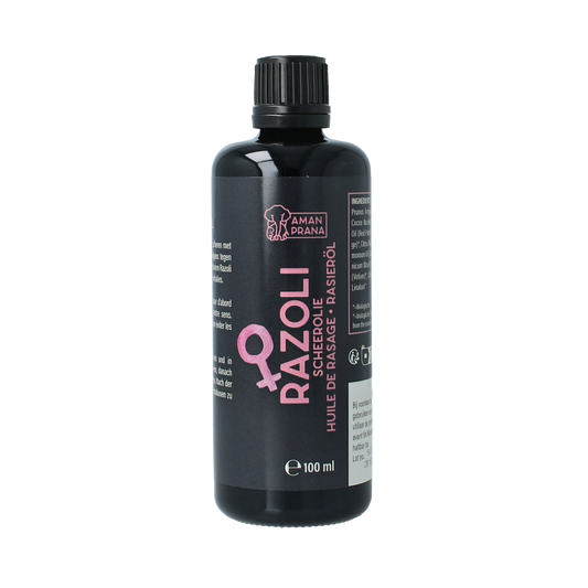 Amanprana Razoli scheerolie in 100ml bottle, natural shaving and hair removal oil, with botanical ingredients and easy-to-use dispenser.