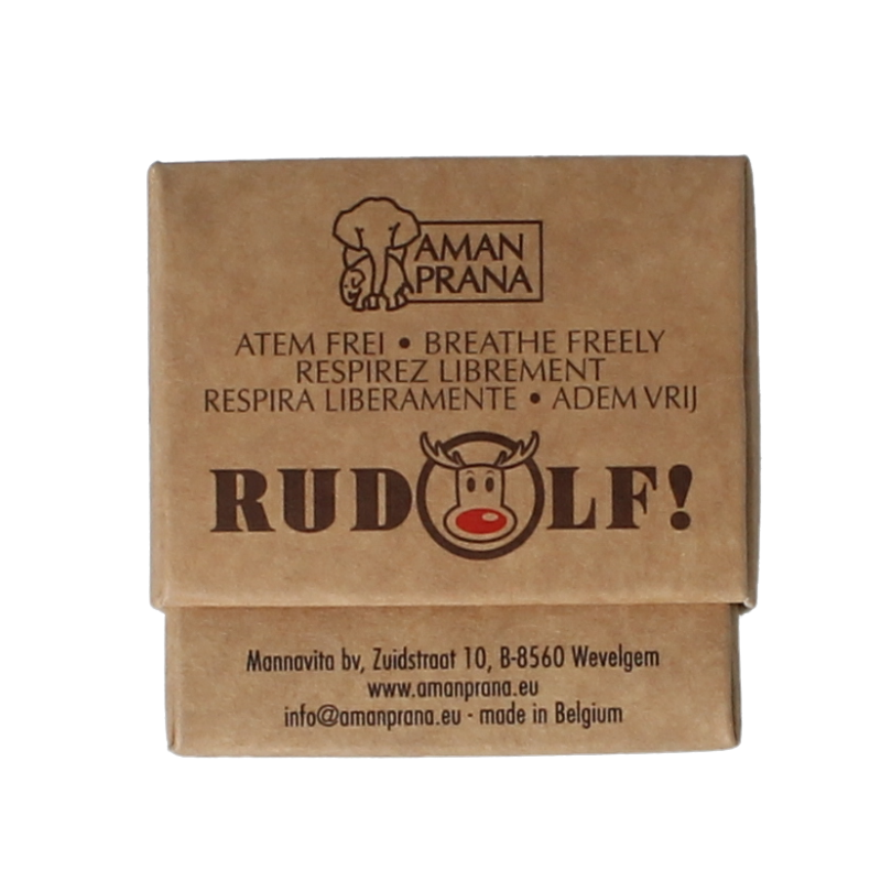 Nutribel Amanprana Rudolf ademvrij kruidenbalsem 5ml, neusverzorging en inhalatie product, close-up of the herbal balm tube.