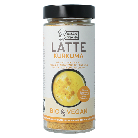 Amanprana Latte Kurkuma bio in 170g package, showing the turmeric-infused coffee and tea blend in a clear bag with label.