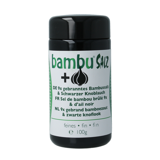 Amanprana Bambu Salz Knoflook 100g, herbal salt with garlic, in a clear glass jar, part of Amanprana's kruiden en zout assortiment.