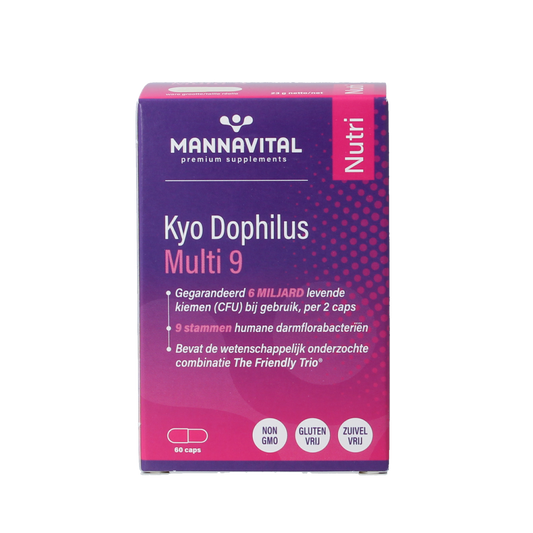 Mannavital Kyo Dophilus Multi 9 probiotic capsules featuring Micro-organismen for digestive health, shown in a bottle.