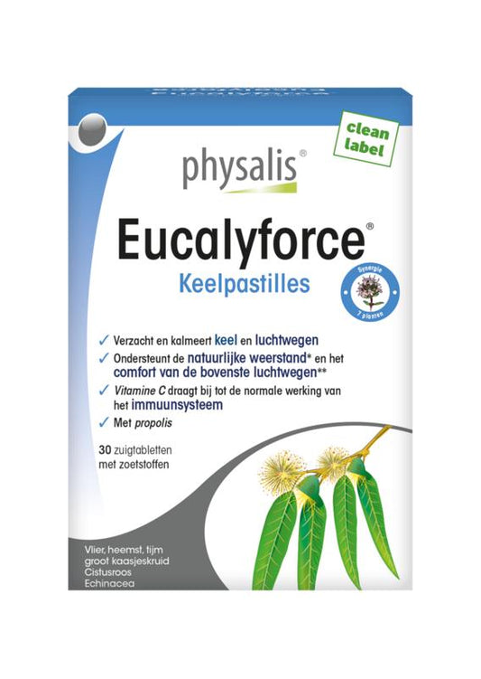 Physalis Eucalyforce keelpastille box with 30 tablets, herbal throat lozenges by Physalis, featuring eucalyptus flavor and natural ingredients.