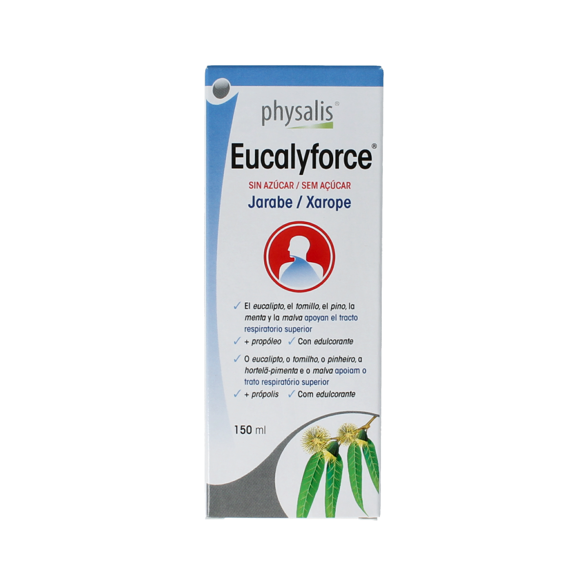 Physalis Eucalyforce siroop, sugar-free herbal preparation in a 150ml bottle with eucalyptus leaves and herbal ingredients.