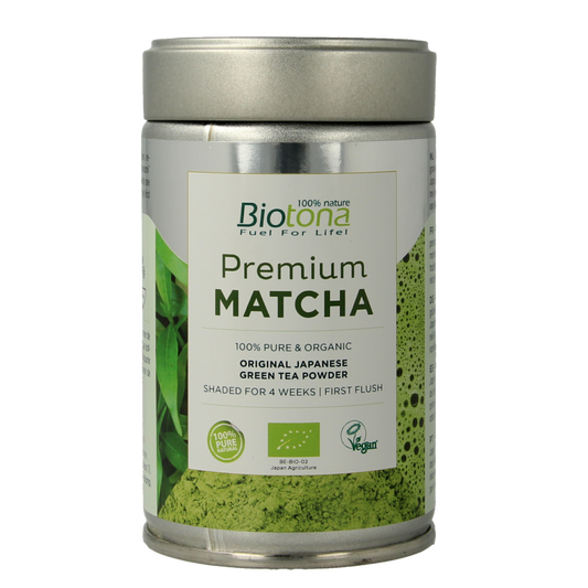 Biotona Premium Matcha Tea bio in 80g package, vibrant green powdered tea for traditional beverage preparation.