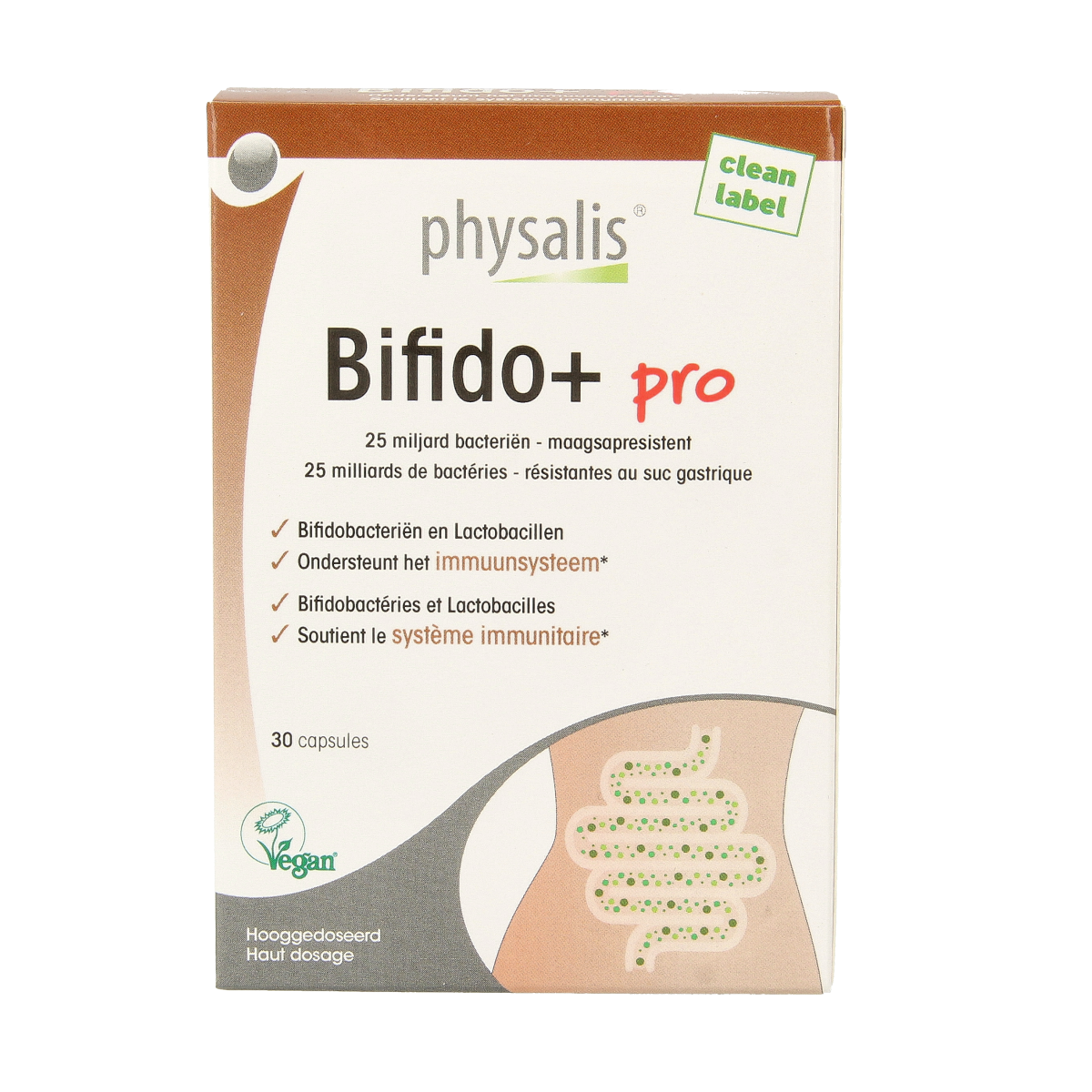Physalis Bifido + Pro 30 capsules bottle, probiotic supplement with micro-organisms, in a clear container with label.