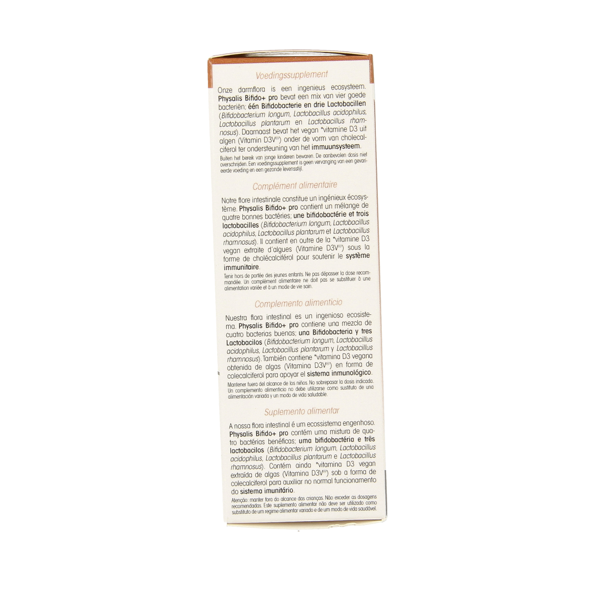 Physalis Bifido + Pro probiotic capsules, dietary supplement with micro-organisms, in a white bottle with label.