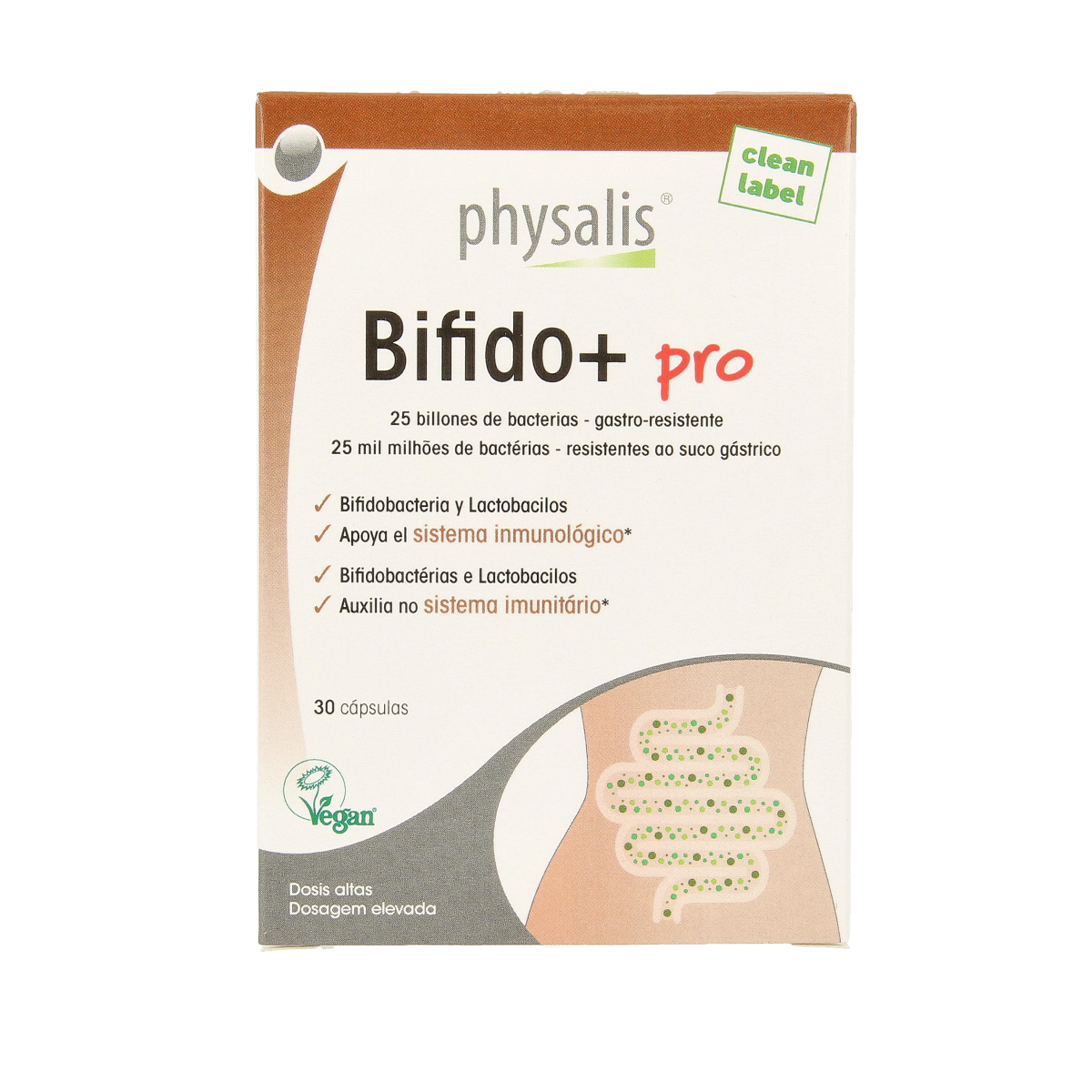 Physalis Bifido + Pro probiotic capsules, showing a bottle of 30.00 capsules with label details and supplement information.