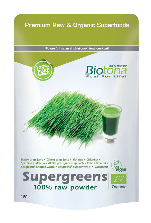 Biotona Supergreens raw organic superfood powder in a 150g bag, showcasing vibrant green powder inside a clear package.