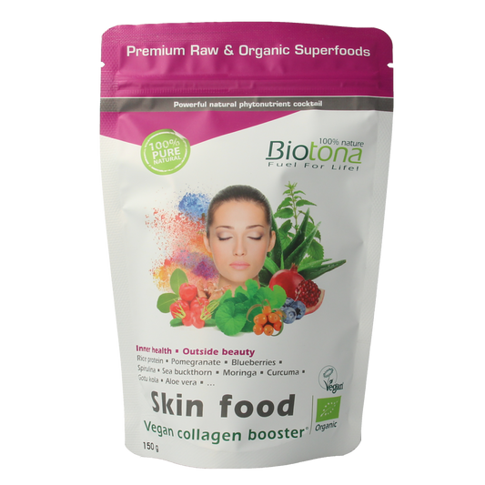 Biotona Skin Food raw superfood powder in a 150g package, featuring natural organic ingredients for healthy skin nourishment.
