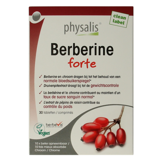 Physalis Berberine Forte 30-tablet bottle showing the herbal supplement packaging with tablets inside.