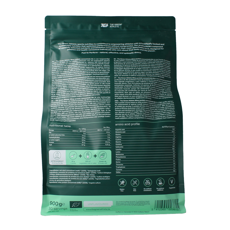 The Green Athlete Whey protein concentrate unflavoured bio 900 Gram