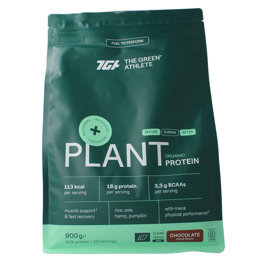 The Green Athlete Plant Protein Choco Bio 900g container showing the label and packaging of amino acids supplement.
