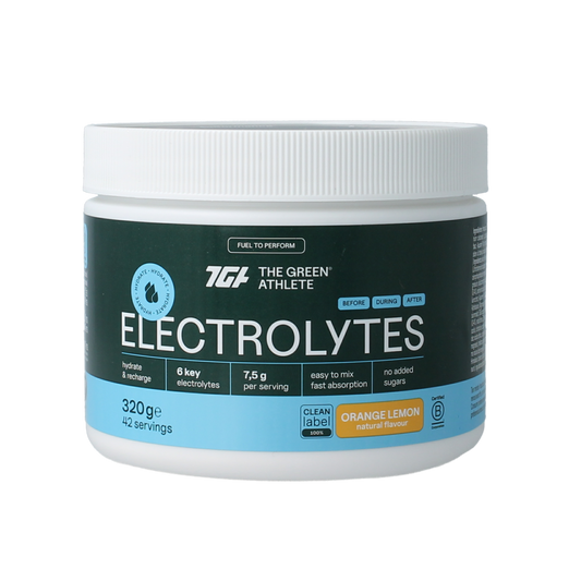 The Green Athlete Electrolytes orange lemon mineral blend in a 320g container, featuring vibrant orange and lemon flavor.
