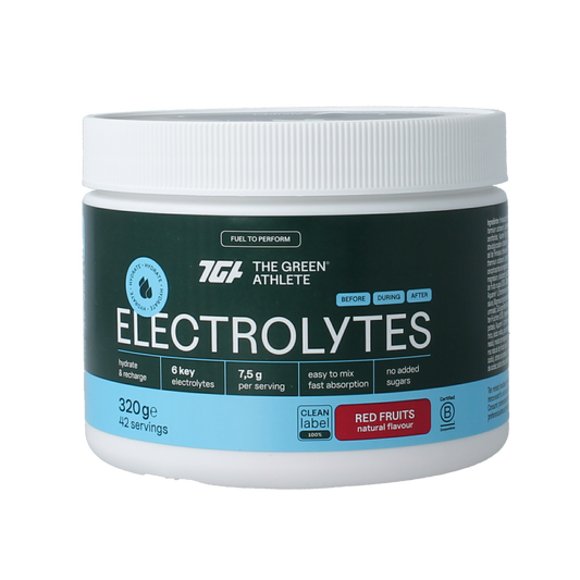 The Green Athlete Electrolytes Red Fruits mineral blend in a 320g container, featuring colorful red fruit flavor and supplement packaging.