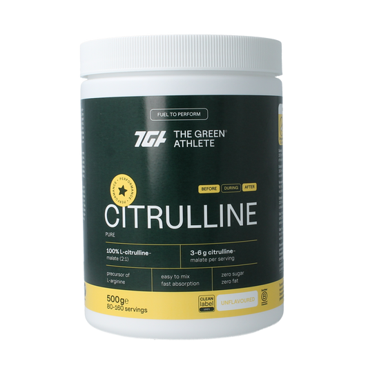 Green Athlete L-Citrulline Malate amino acid supplement in a 500g container, showing the product packaging and label.