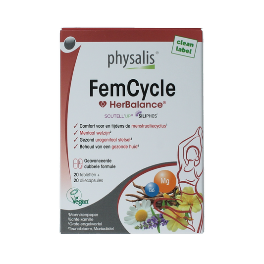 Physalis FemCycle supplement box with 40 capsules, featuring natural herbal ingredients for women's health.
