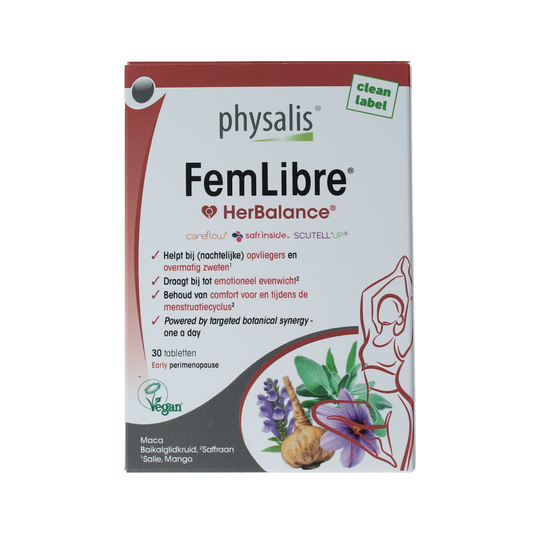 Physalis FemLibre 30 tablets dietary supplement in a white bottle with label, focused on product packaging and branding.