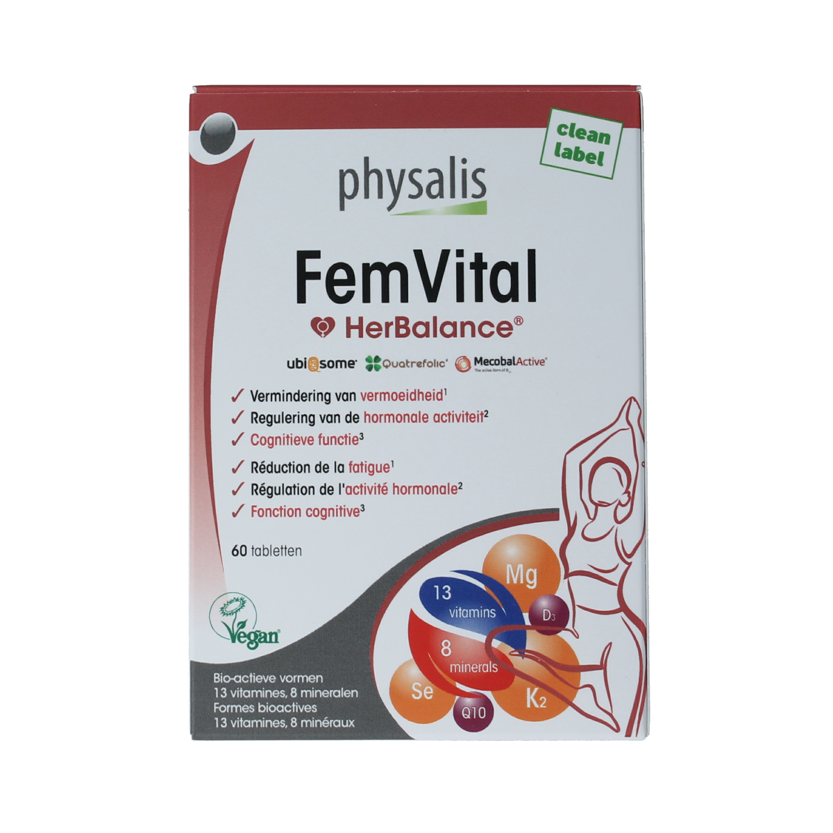 Physalis FemVital dietary supplement tablets in a white bottle with label, designed for female health support.