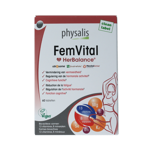 Physalis FemVital dietary supplement tablets in a white bottle with label, designed for female health support.
