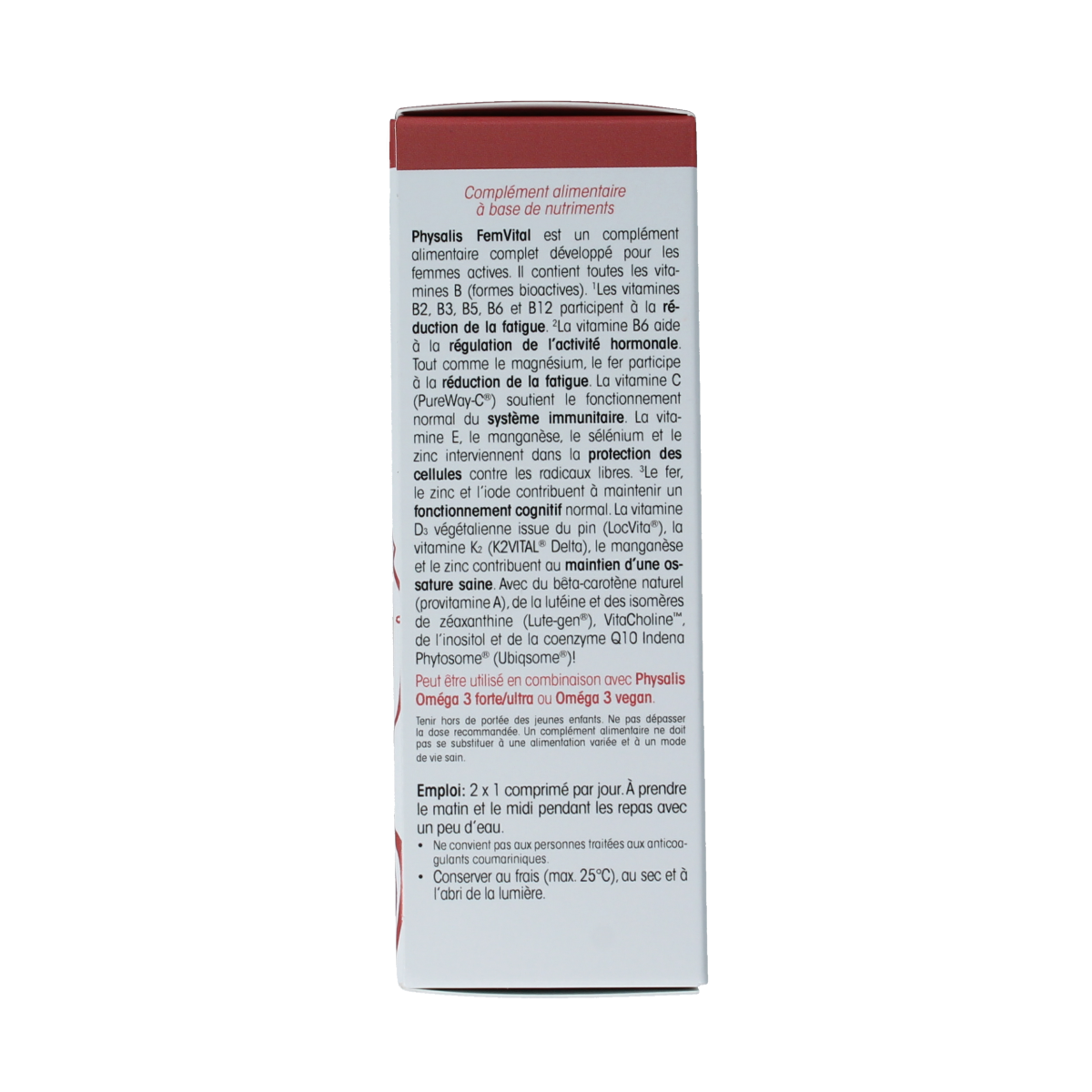 Physalis FemVital 60 tablets, dietary supplement with herbal ingredients, in a white bottle with label showing product details.