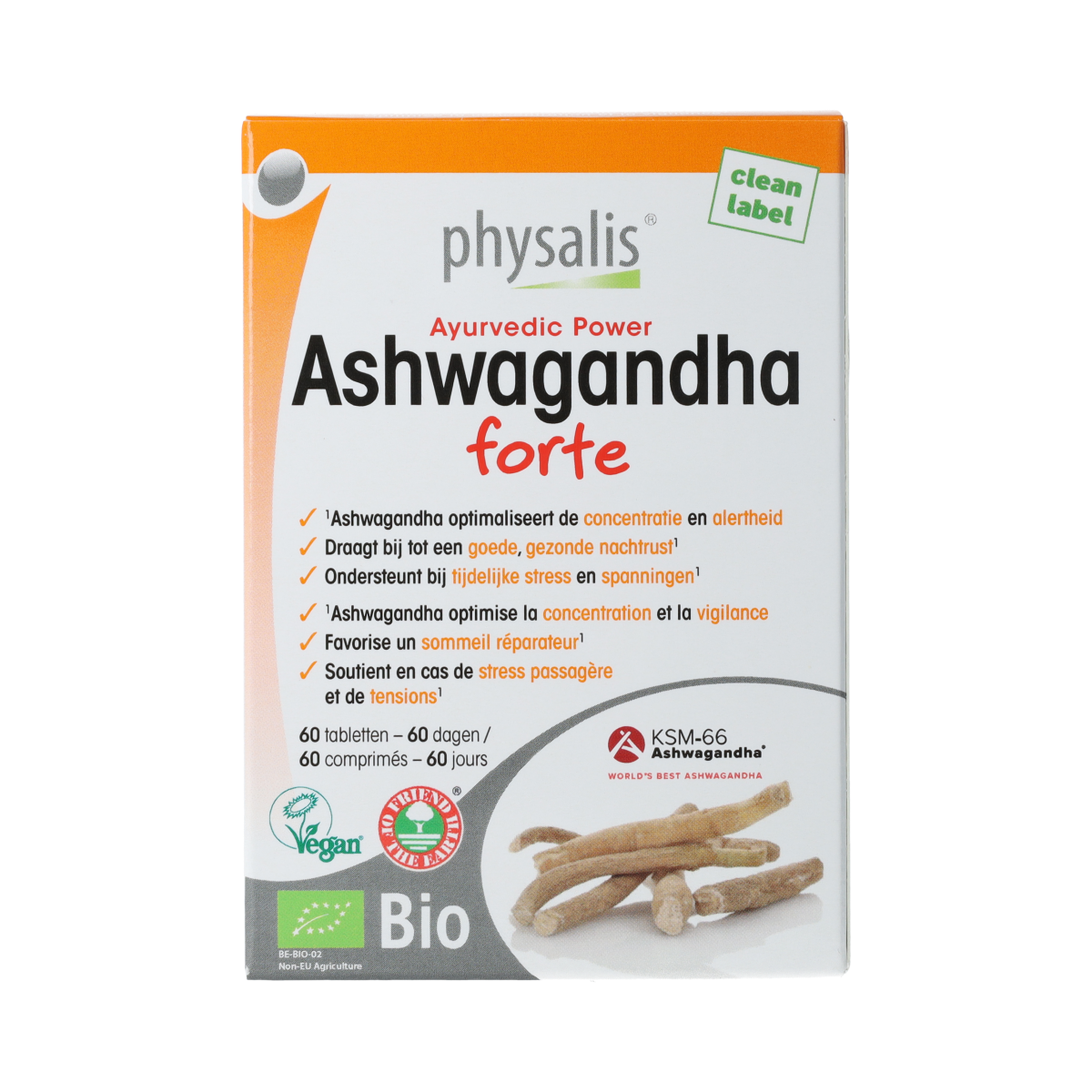 Physalis Ashwagandha Forte bio herbal supplement tablets, 60-count, natural adaptogen for stress support.