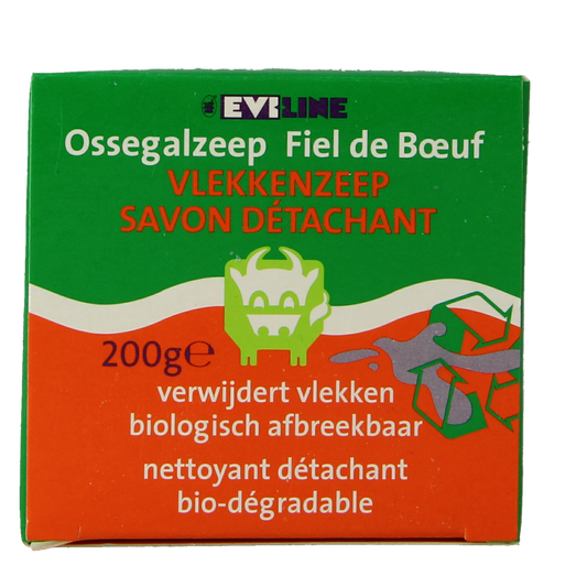 Evi Line Ossegalzeep 200g wasmiddel with natural ingredients, shown in a clear plastic container on a white background.