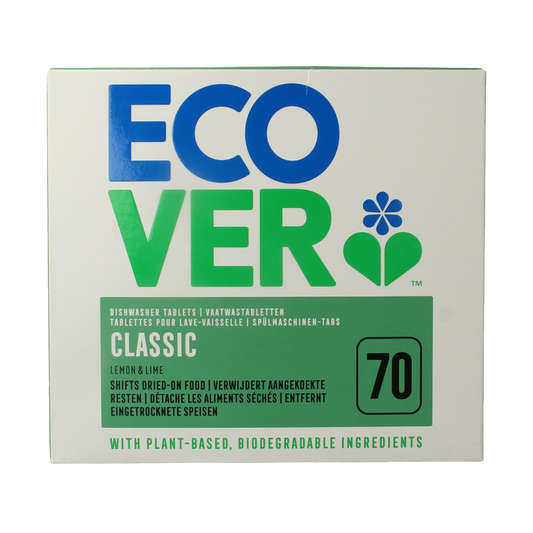 Ecover dishwasher tablets 70-count box showing 70 eco-friendly dishwasher detergent tablets in a box.