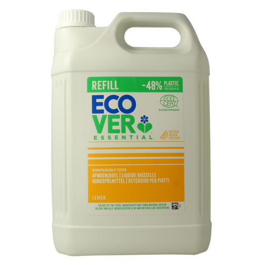 Ecover Essential lemon dish soap bottle for effective cleaning, 5-liter size, eco-friendly afwasmiddel with lemon scent.