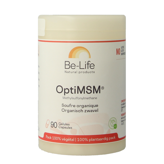 Be-Life Opti-MSM capsules in a bottle, dietary supplement for joint health, natural Kruidenpreparaten product.