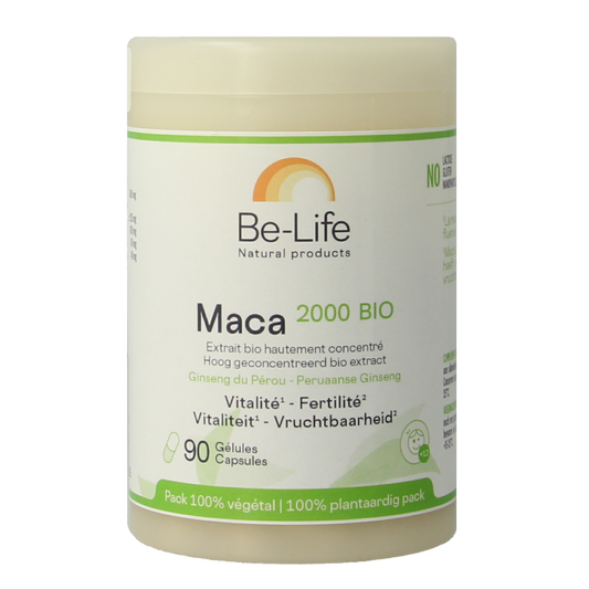 Be-Life Maca 2000 bio mineral capsules, 90-count, showing the supplement bottle with label and capsules inside.