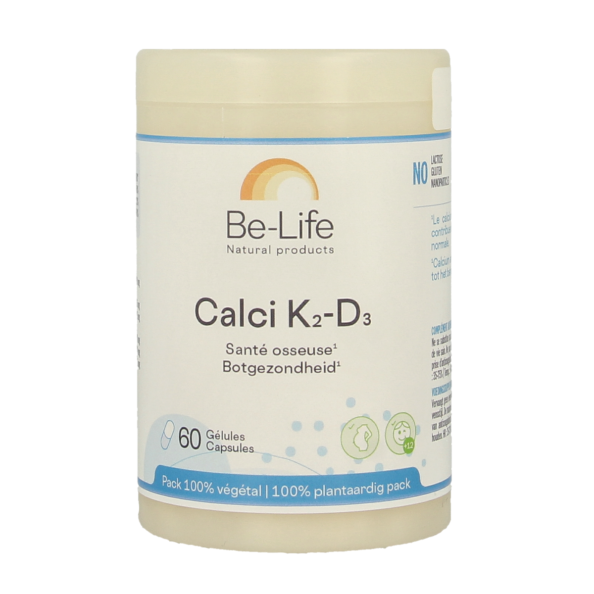 Be-Life Calci K2 D3 mineral supplement capsules, featuring calcium, vitamin K2, and D3 for bone health.
