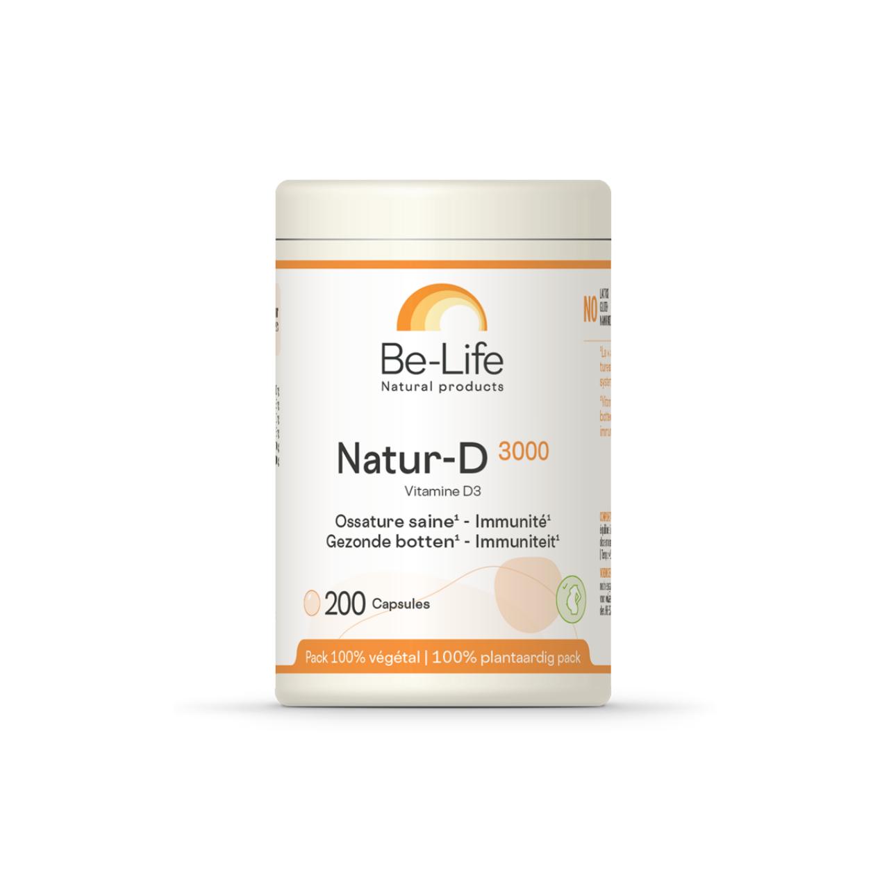 Be-Life Natur-D 3000 vitamin D3 capsules, close-up of the bottle with 200 capsules, showing label and capsule details.