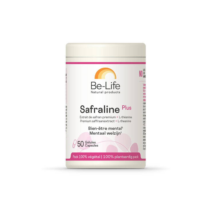 Be-Life Safraline Plus herbal supplement capsules in a clear bottle, showing the label and capsules inside.