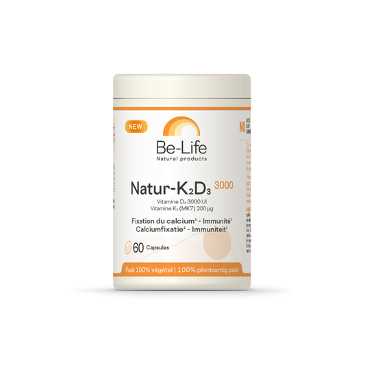 Be-Life Natur K2D3 3000 multivitamin capsules with vitamin D3 and K2, showing the bottle and label.