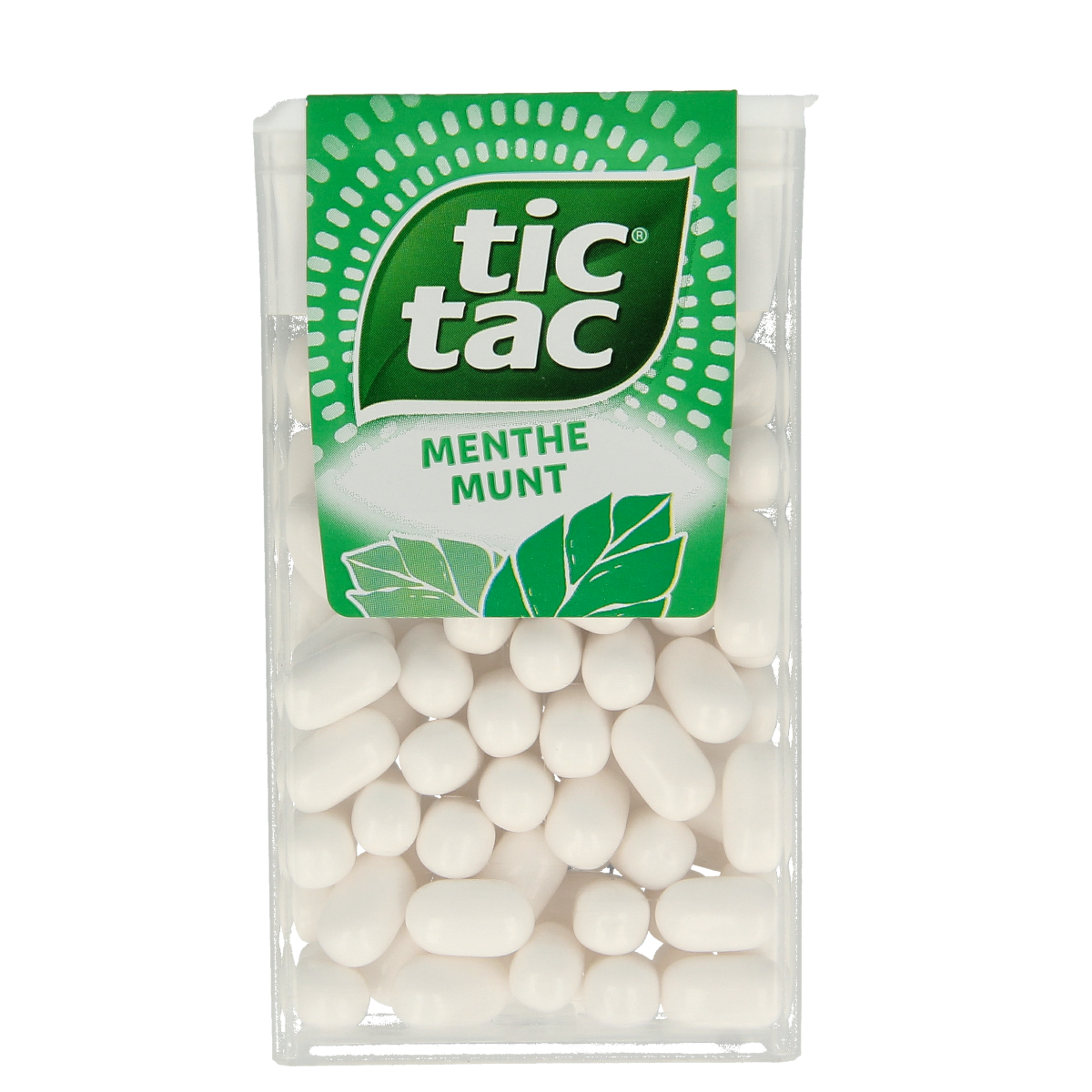 Tic Tac Mint candy pack showing small mint tablets in a clear plastic container, branded Tic Tac, 49 grams.