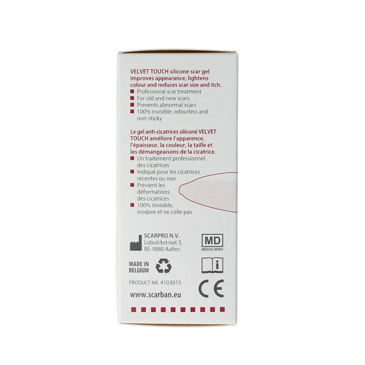 Scarban Velvet Touch siliconen gel in 15ml for body care, smooth and soothing gel with a silky texture.