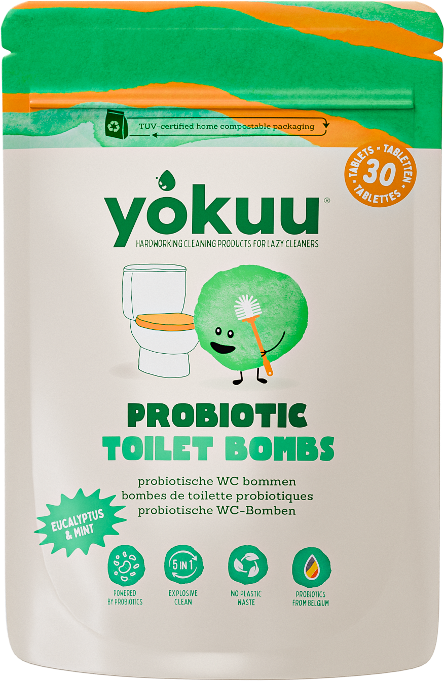 Yokuu Toilet Bomb probiotic cleaning tablets in a container, used for bathroom sanitation and freshening toilets.