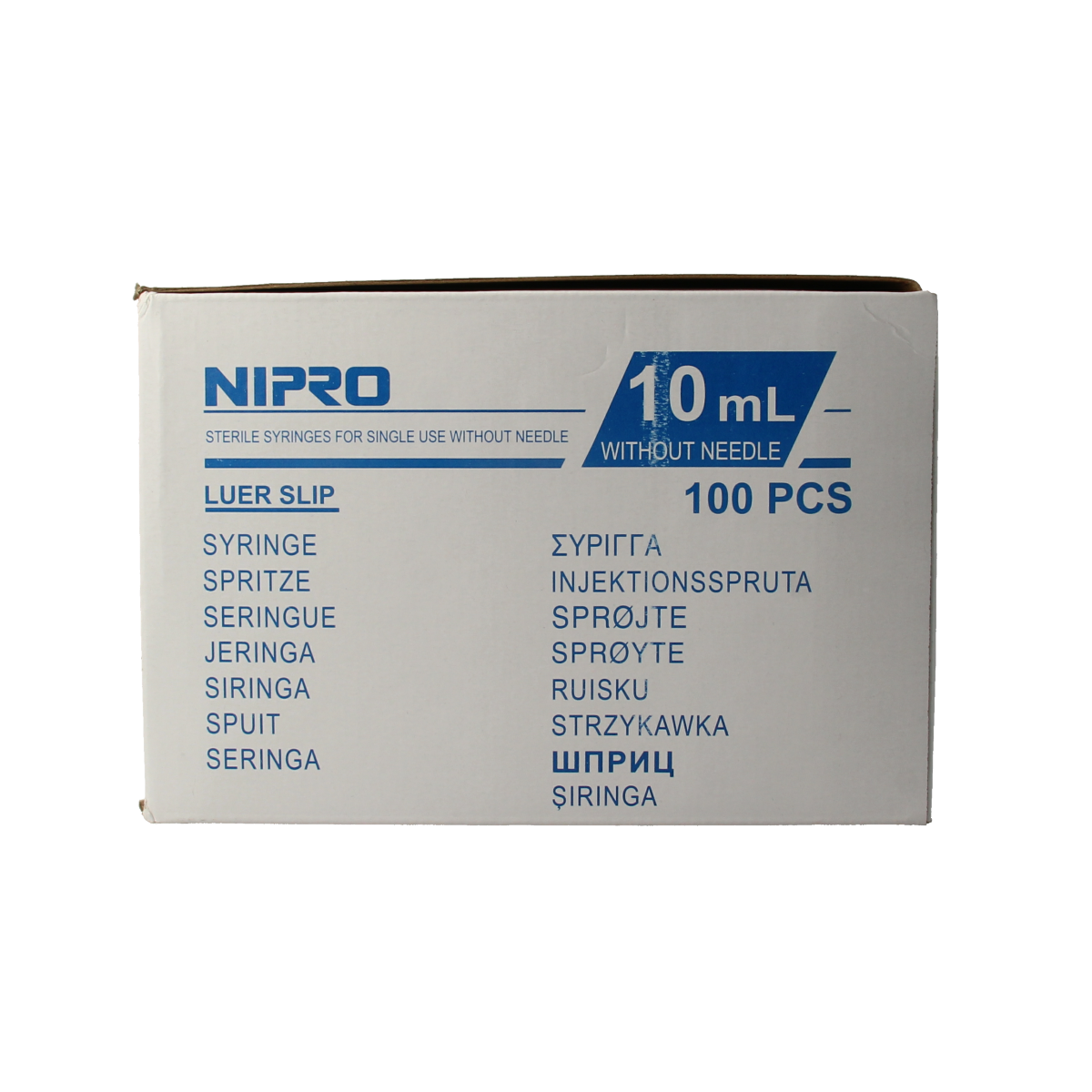 Nipro 10ml 3-piece luer syringe for medical injections, shown with clear plastic barrel and plunger in the image.