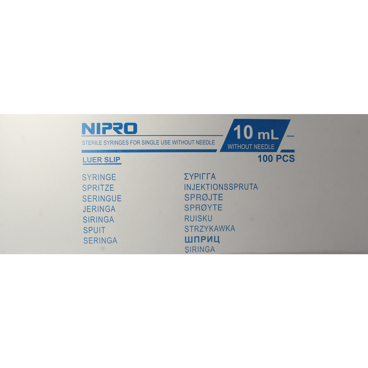 Nipro 10ml 3-piece luer syringe for medical injections, shown with clear barrel and plunger in a set of 100 pieces.