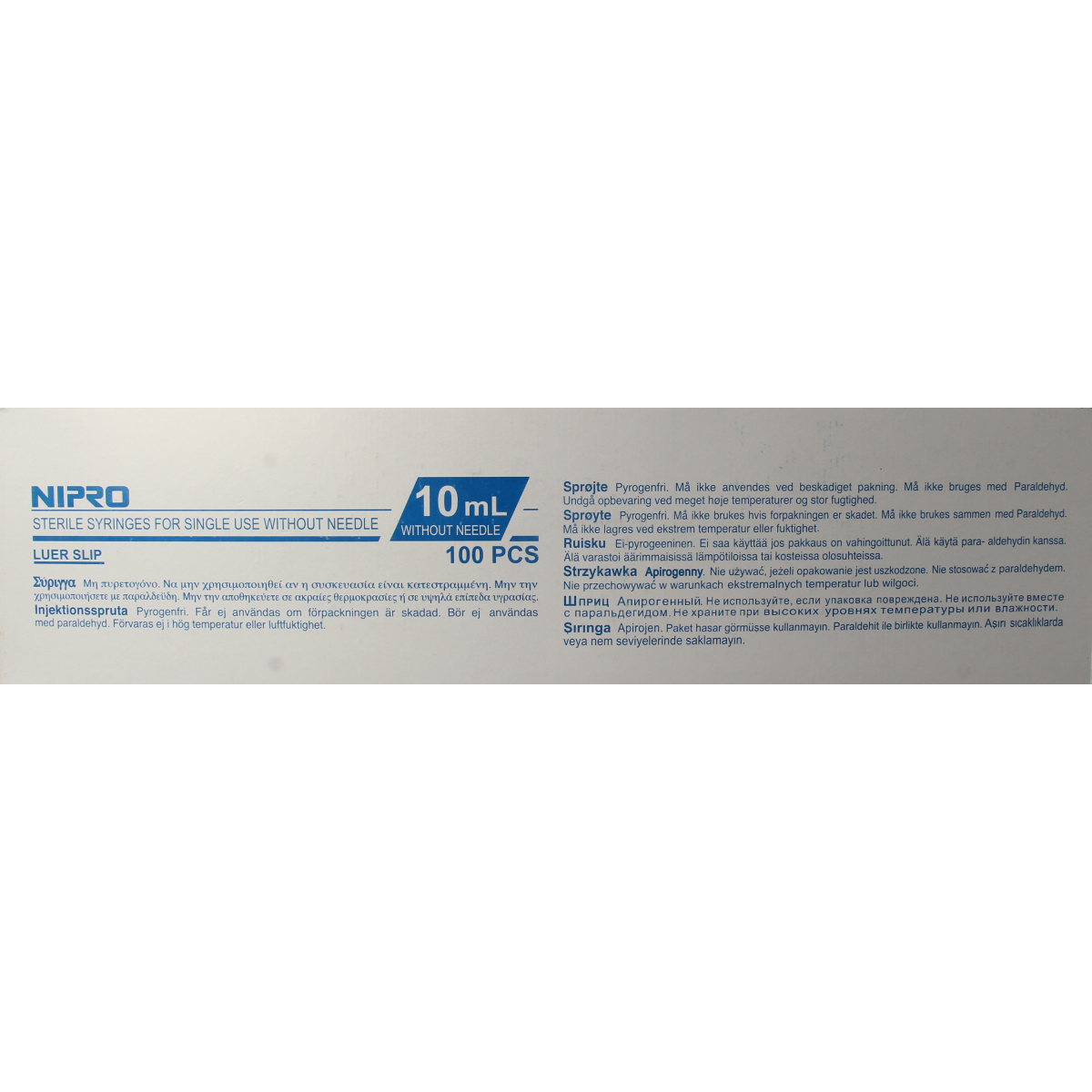 Nipro 10ml luer lock syringes, 3-piece, sterile medical instruments, shown in a bulk pack for healthcare use