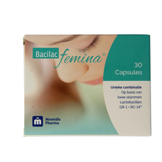 Memidis Pharma Bacilac Femina probiotic capsules, containing micro-organisms for feminine health, shown in blister pack.