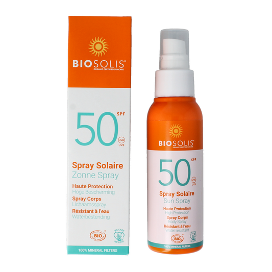 Biosolis Sun Spray SPF50 in 100ml bottle, outdoor sun protection product with spray nozzle for easy application