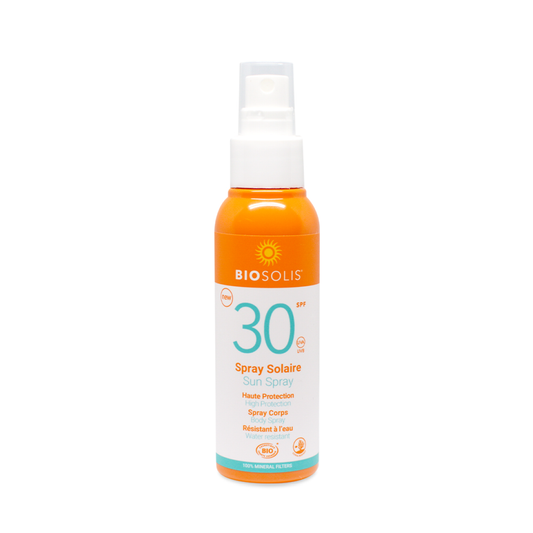 Biosolis SPF30 sun spray in 100ml bottle, outdoor sun protection product for skin, natural sunscreen by Biosolis