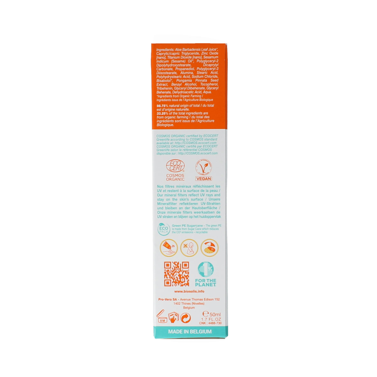 Biosolis SPF50 face sunscreen cream in 50ml tube, featuring a smooth, white cream texture for sun protection.