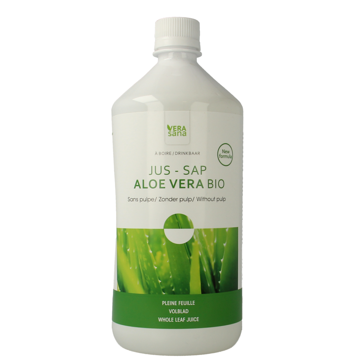 Vera Sana Aloe Vera Sap zonder pulp in 1 liter bottle, natural aloe vera drink without pulp, healthy beverage from Vera Sana.