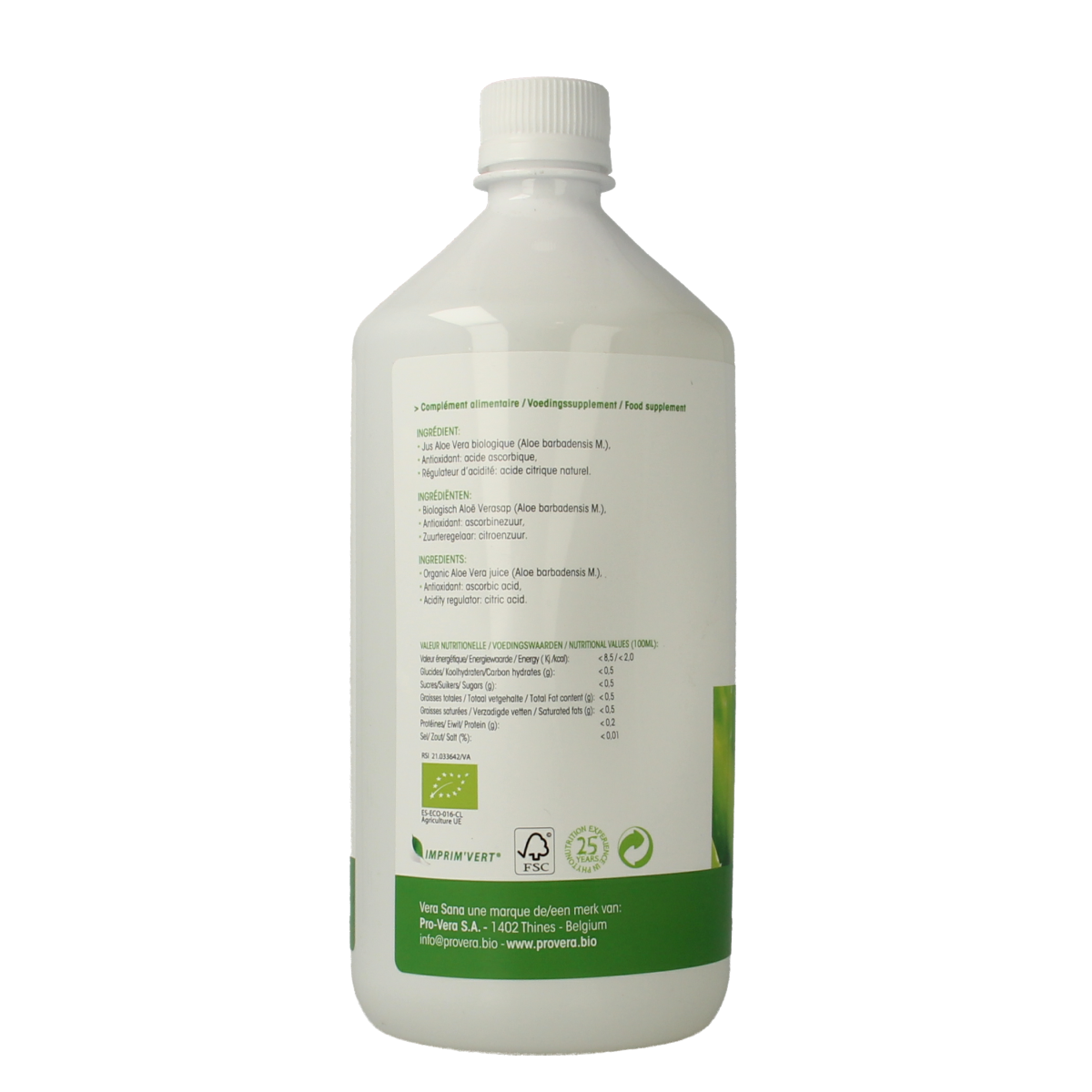 Vera Sana Aloe Vera sap zonder pulp in 1 liter bottle, natural drink from Vera Sana, clear liquid with aloe vera content.